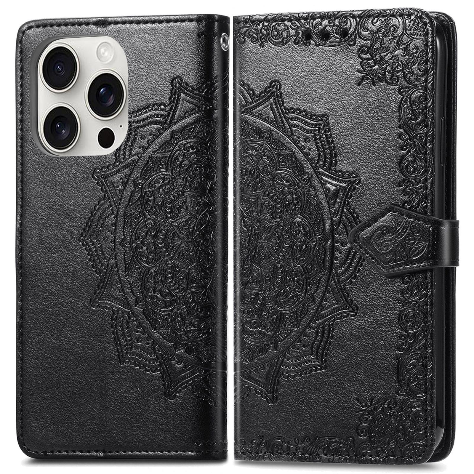 

Для iPhone 16 Pro Чехол Держатель для карт Слоты для наличных Кожаный чехол для телефона Тисненый узор мандалы Black