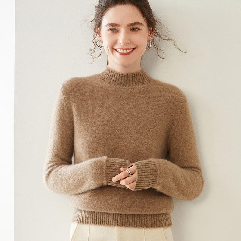Women's Cashmere Half-High Collar Solid Color Pullover Sweater for Autumn/Winter - Loose, Thickened, Knit Base Layer