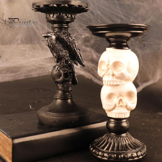 Vintage Gothic Table Centerpiece Halloween Candlestick Holder Decoration, Raven Skull Candle Holder, Spooky Decor for Home Taper Stand Tabletop