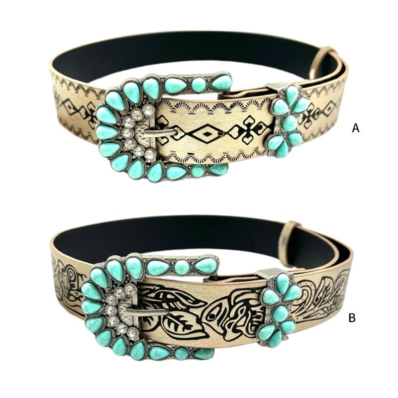 Elegant Western PU Belt Embossed Pattern Waistband Jeans Waiststrap Waist Decors Women Turquoises Buckle Waist Belt