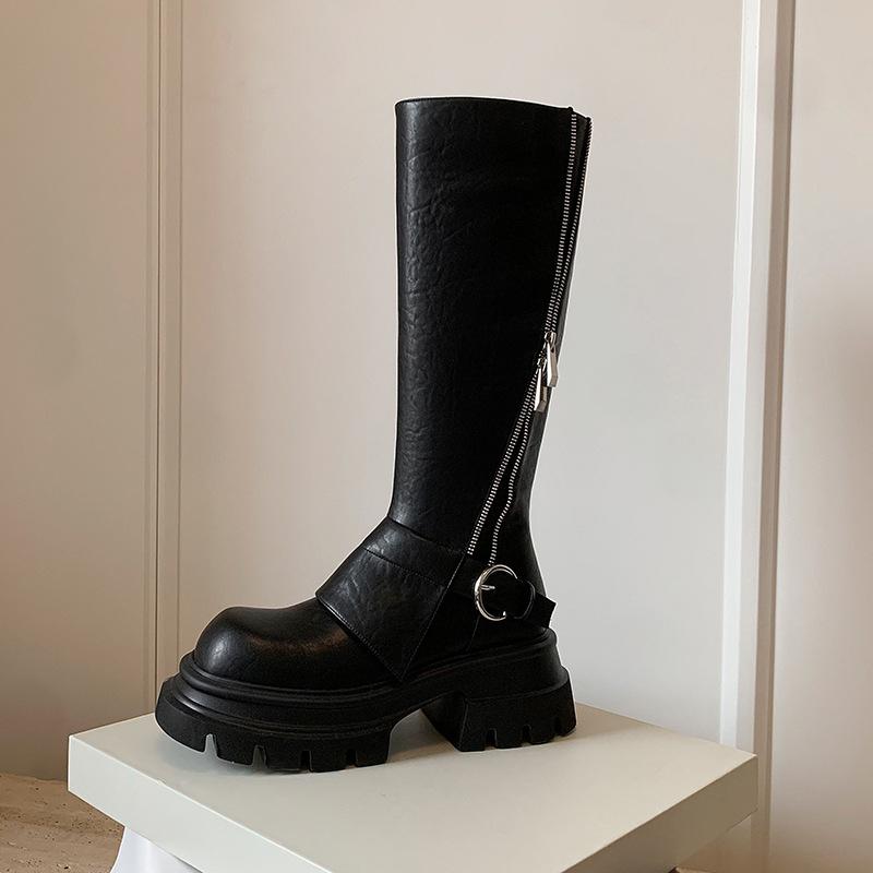 

Сладкая крутая пряжка ремня, рыцарские ботинки на толстой подошве, женские кожаные ботфорты до колена, ретро коричневые ботинки, с круглым носком, высокие ботинки 40