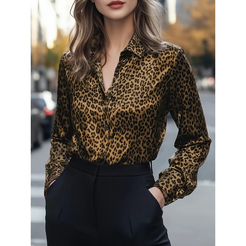 Womens Satin Print Long Sleeve Shirt Leopard Elegant Office Blouse