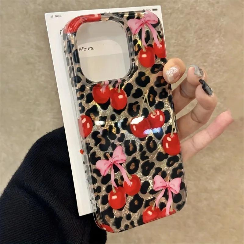 Luxury Cute Pink Bowknot Leopard Cherry Phone Case For iPhone 17 16 Pro Max Case iPhone 17 15 14 13 12 11 XS X XR 7 8 Plus Cover