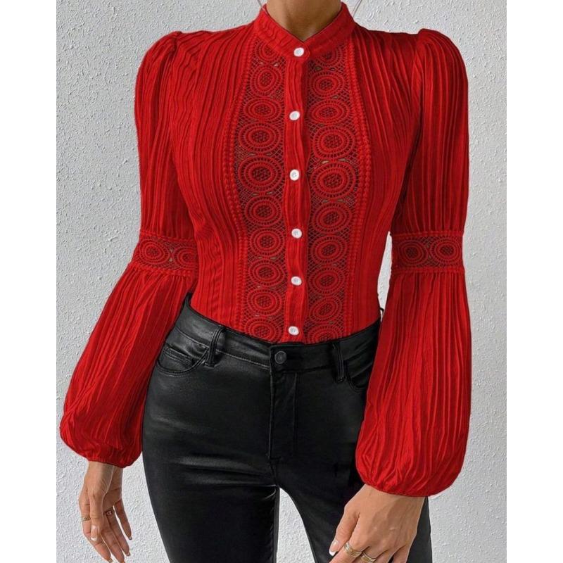 Plus Size Shirts Women Elegant Tops Fashion Lace Patchwork Lantern Sleeve Vintage Stand Hollow Out Casual Loose Blouse Women Buttons Slim Shirt 3291