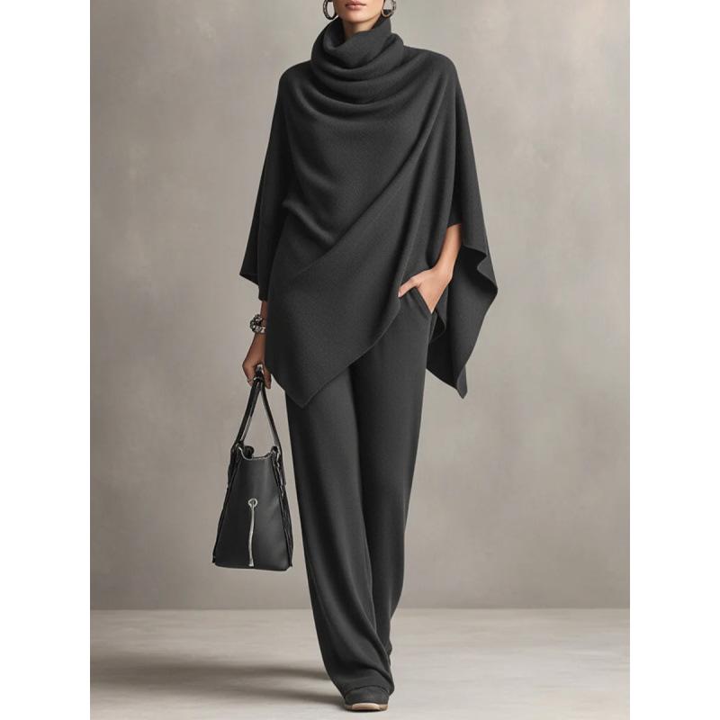 Women's Autumn/Winter Fleece Two-Piece Set: Stand Collar Cape & Wide-Leg Pants
