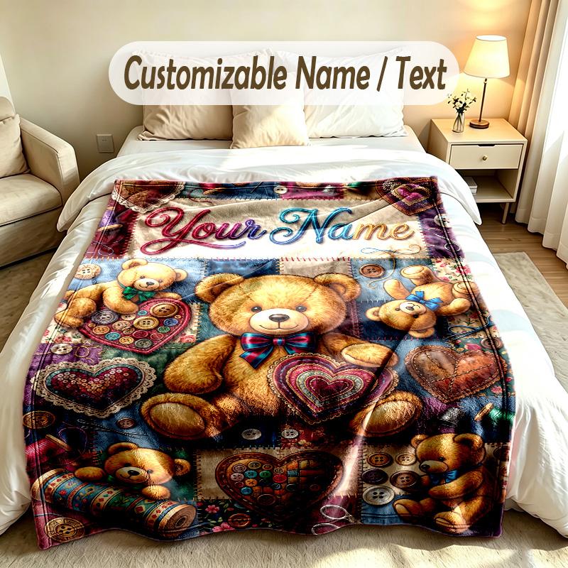 Teddy Bear Theme Custom Blanket Personalized Name & Text Customized Soft Warm Throw Blanket Home Decor