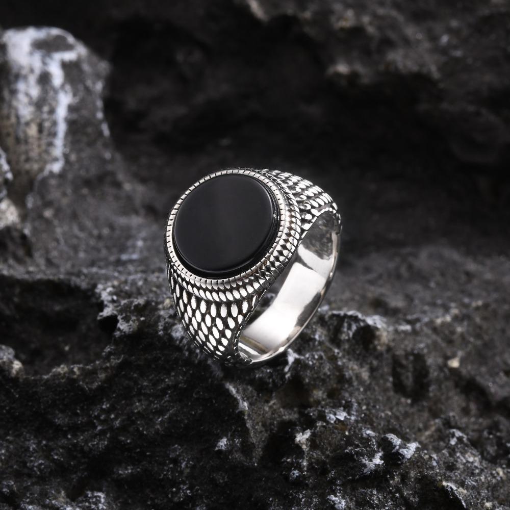 Mens Black Onyx Turquoise Signet Ring Stainless Steel Elegant Unisex Jewelry Accessory