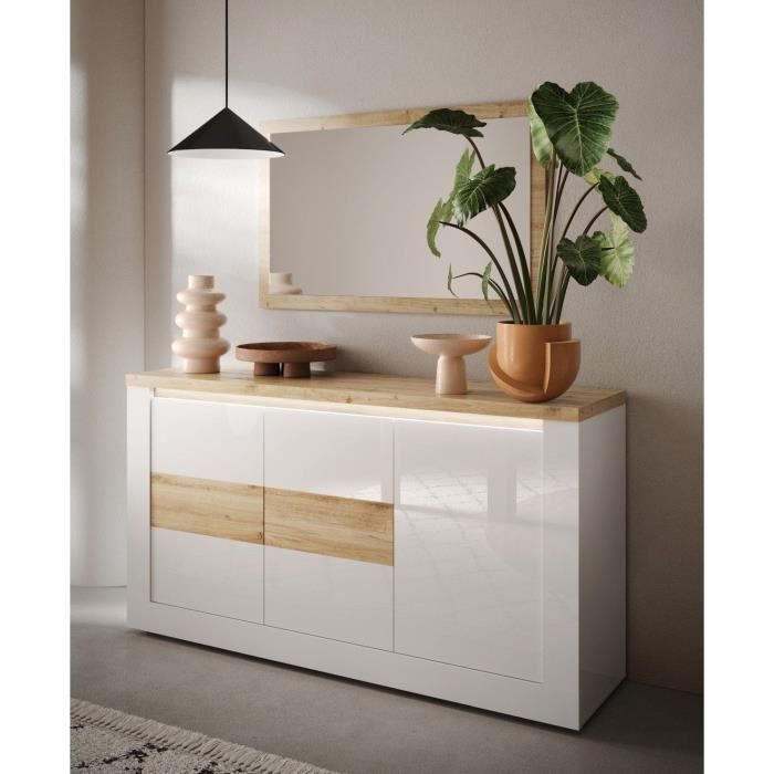 Buffet - IMOLA - Blanc Laqué Brillant / Chêne Clair - 3 Portes - 160 X 43 X 88 Cm - Eclairage LED