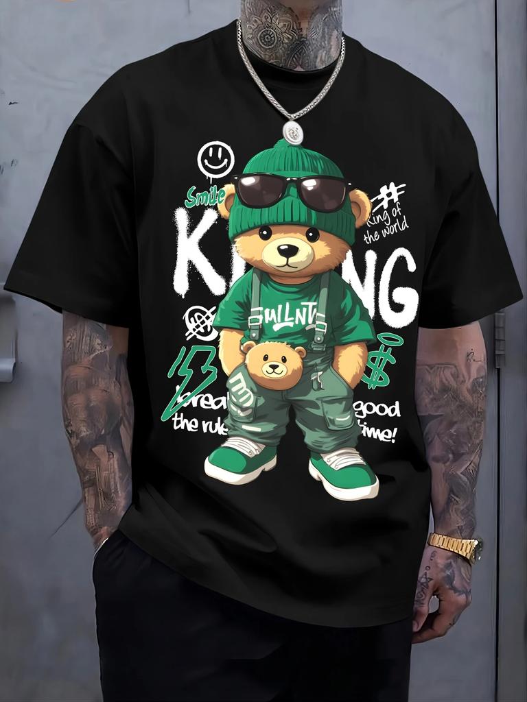 Cotton short sleeved T-shirt for men 2025 trend loose American print casual versatile couple's top cartoon bear pattern casual T