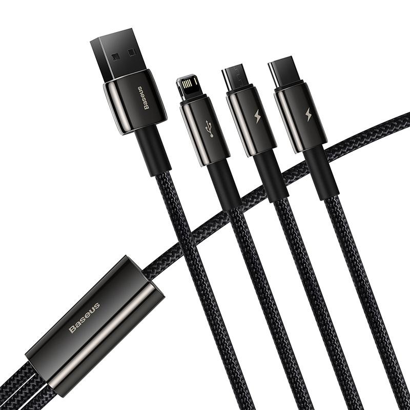 Kabel Usb 3W1 Baseus Tungsten Gold, Usb Do Micro Usb / Usb-C / Lightning, 3.5A, 1.5M (Czarny)