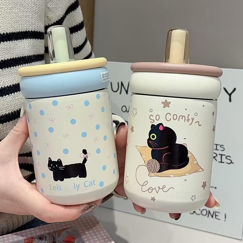 Stainless Steel Insulated Water Bottle for Women, High Aesthetic Straw Cup, Portable Student Drinking Mug, Casual Style