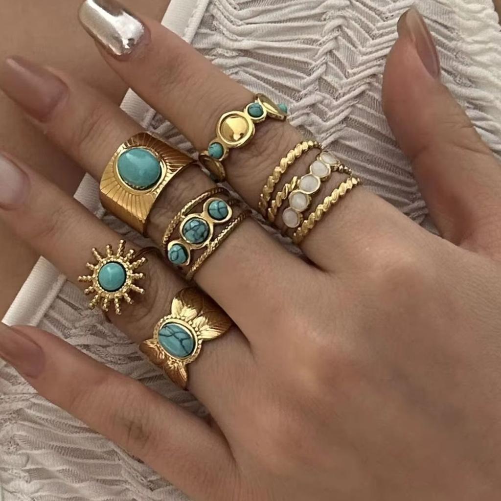 New Design Natural Stone Stainless Steel Rings for Women Men Vintage Geometric Sun Stackable Finger Ring Waterproof Jewelry