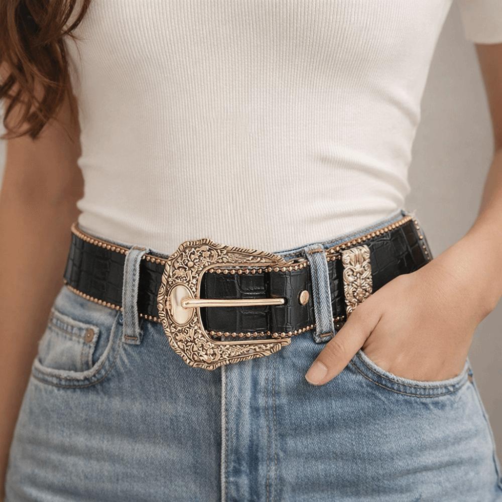 Cinto de Couro PU Estampado de Leopardo Cós de Camurça Vintage Cinto com Fivela Esculpida Gótico Streetwear