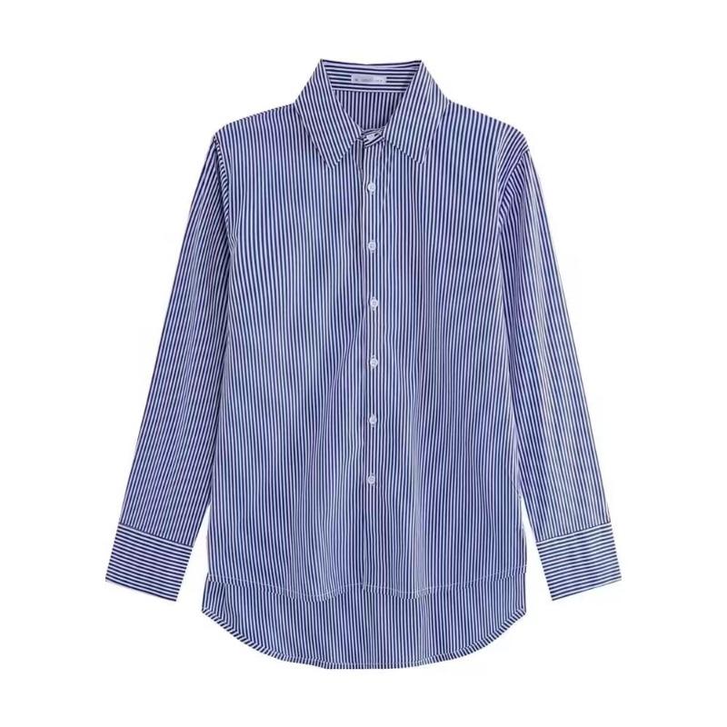 Classic Striped Woman Spring Autumn Blouses Shirt Lady Long Lantern Sleeve Stand Collar Loose Blusas Tops