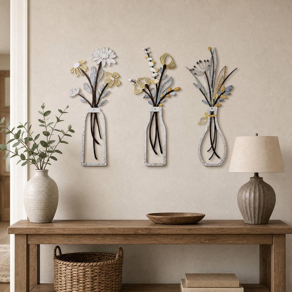 Botanical Metal Wall Decorations Layered Art with Vase Shaped