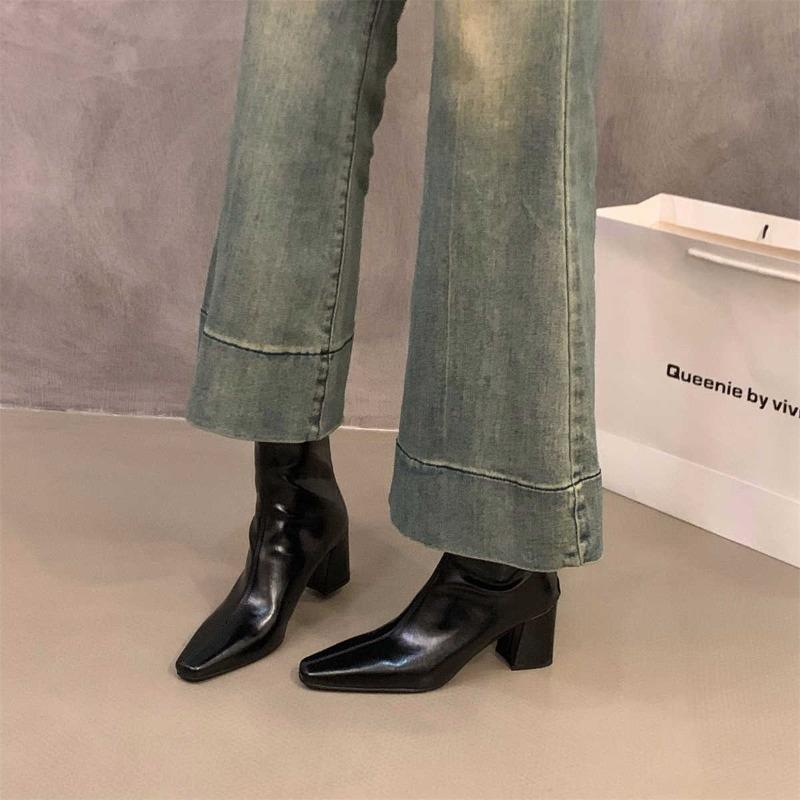 Fashion New Style Women Pointed Toe Women Ankle Boots Fashion Thick Heel Short Boots Autumn Winter Soft Leather Female Shoes