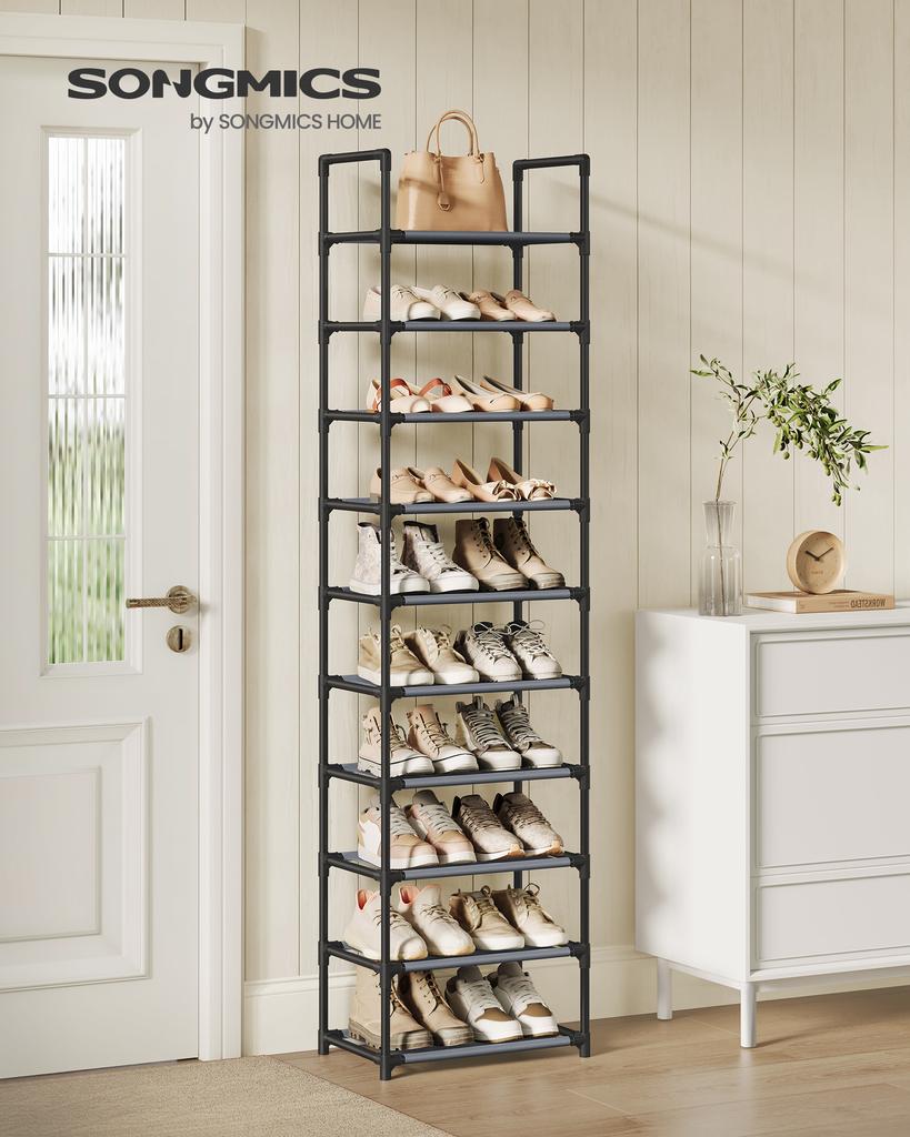 SONGMICS 10-Tier Shoe Rack, Shoe Stand, Space-Saving Shoe Storage, 45 x 28 x 173 cm, Metal Frame, Non-Woven Fabric Shelves, for Hallway, Bedroom, Grey