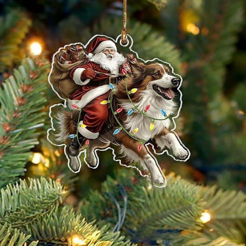 2026 Santa Claus And His Funny Dog Ornament 2D Flat Acrylic Pendant Christmas Decoration For Home Xmas Tree  Year Kerst