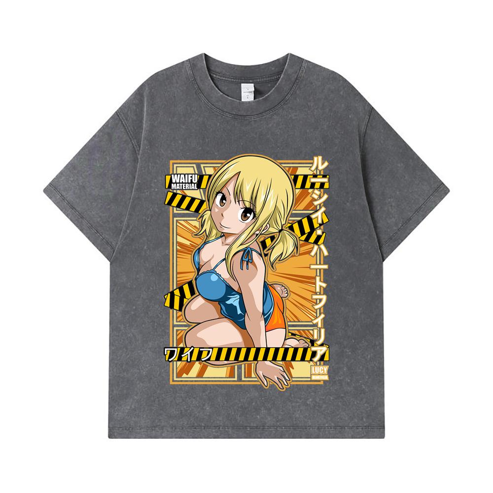 275 GSM Washed T-shirts 100% Cotton Fairy Tail V1 Lucy Waifu Print Unisex Heavy Cotton T Shirt