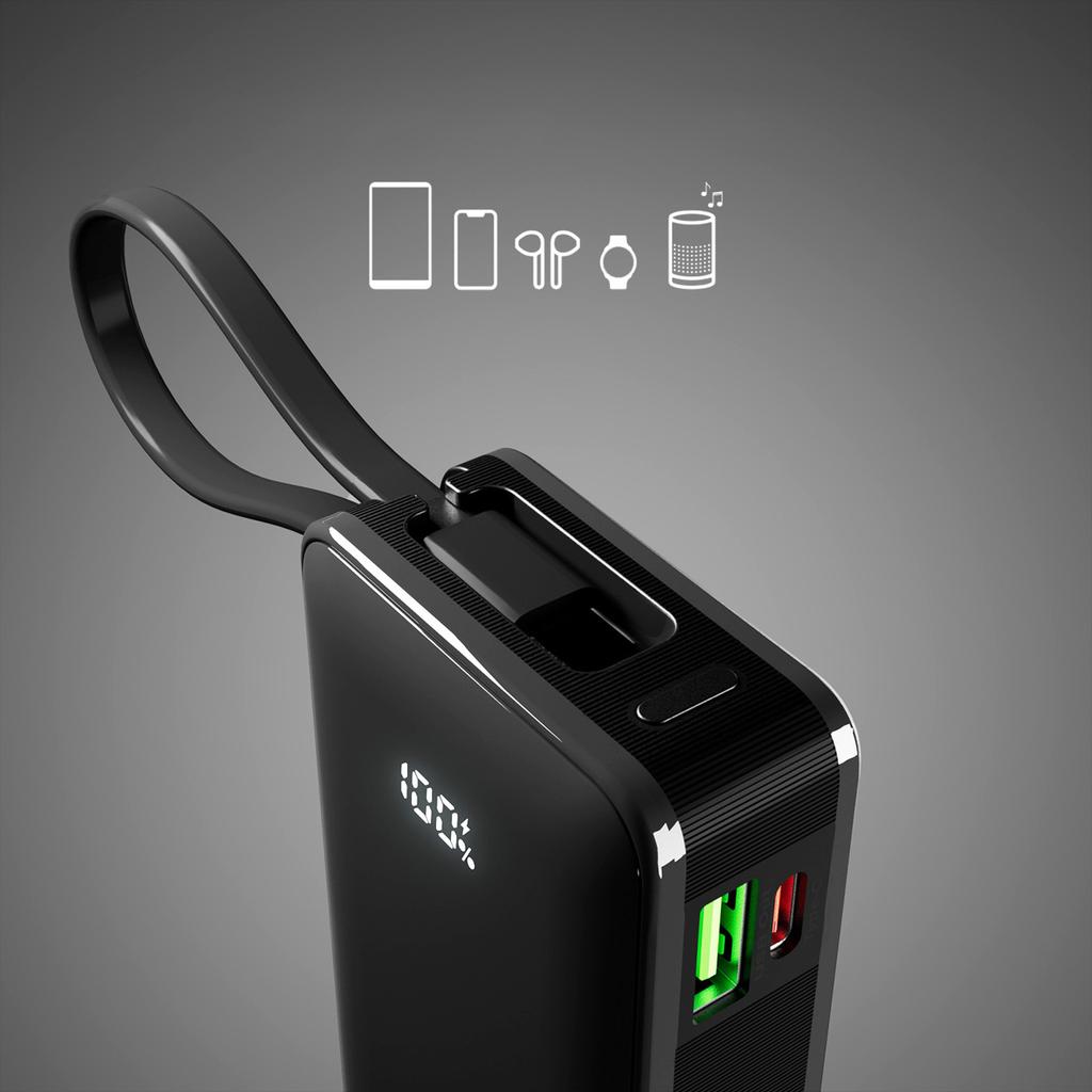 Powerbank 10000mAh USB-A USB-C z wyświetlaczem wbudowanym kablem USB-C 20W - czarny