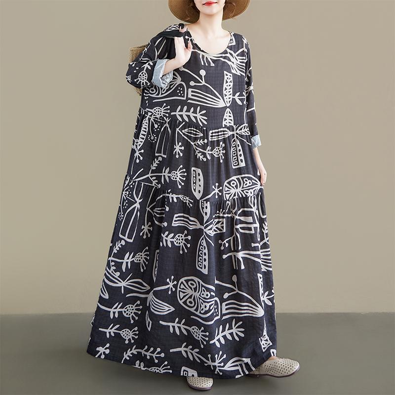 DIMANAF New 2026 Women Plus Size Spring Summer Beach Long Dress Print Black Maxi Long Sleeve Vintage Lady Loose Oversize