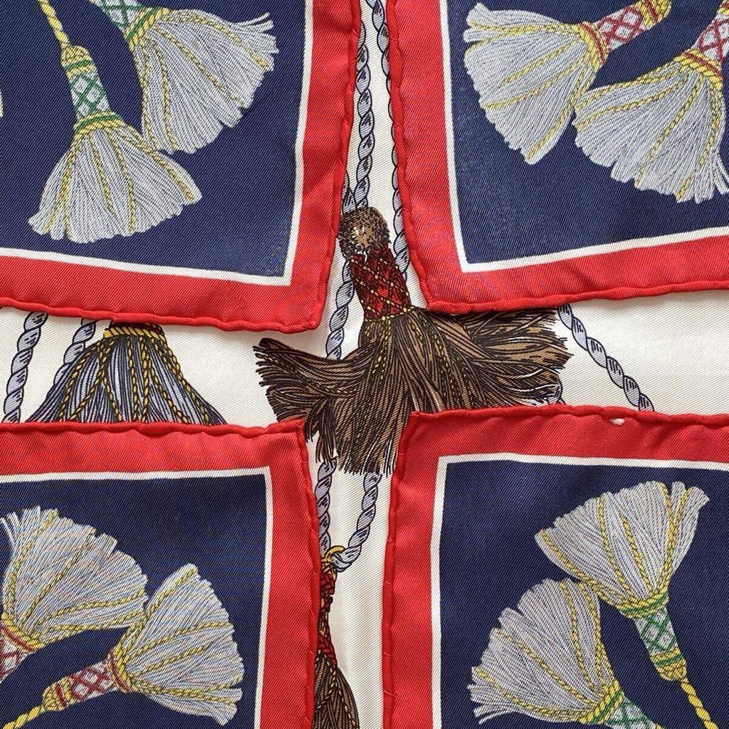 Used CELINE Scarf Silk Tassel Navy Green Red Large Vintage