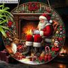 2D Flat Aluminium Merry Christmas Sign with Santa Claus & Fireplace Pattern - Warm Winter Figurine Ornaments - Ideal for Front Door, Wall, Porch
