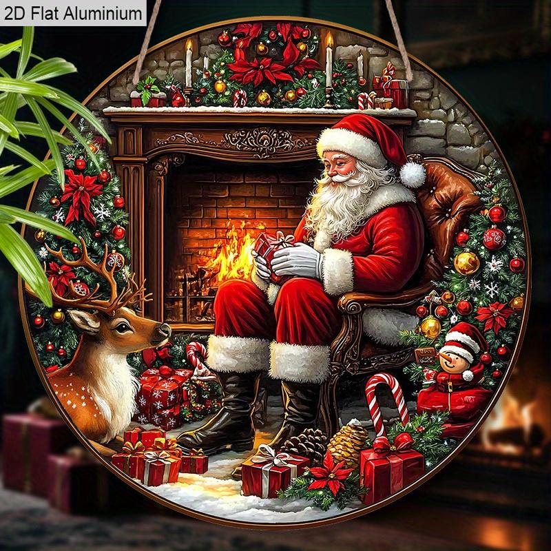 2D Flat Aluminium Merry Christmas Sign with Santa Claus & Fireplace Pattern - Warm Winter Figurine Ornaments - Ideal for Front Door, Wall, Porch