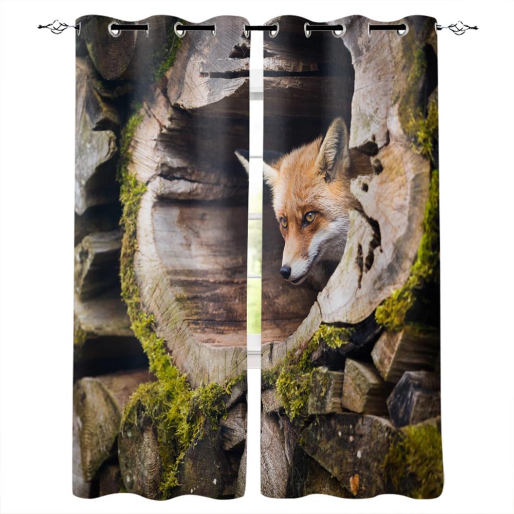 Illustration Cherry Blossom Fox Window Curtains Bedroom Kitchen Drapes Panel Curtains for Living Room Christmas Home Decor