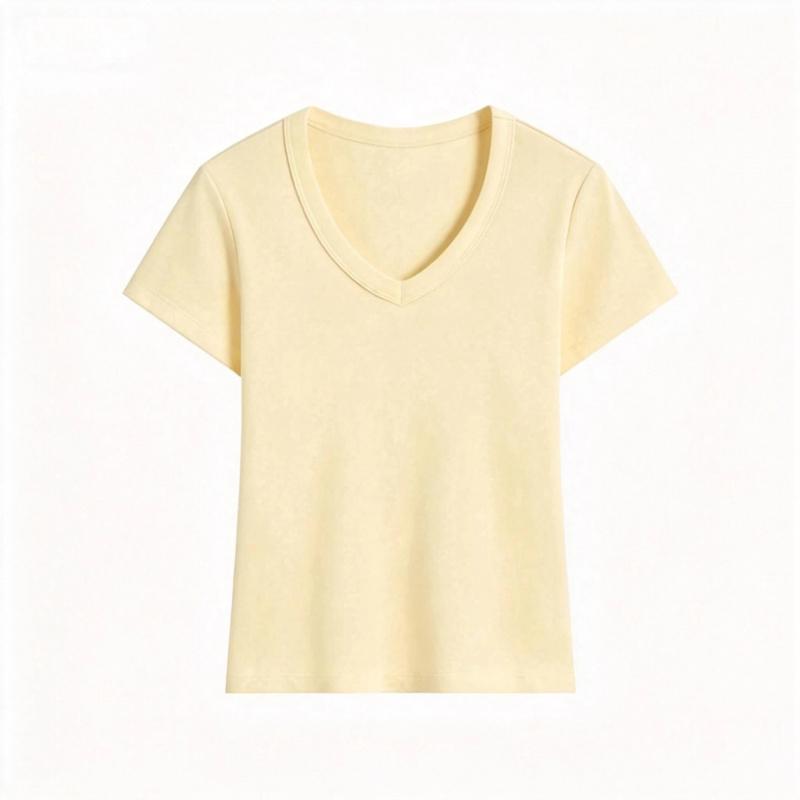 Summer Solid Color V-Neck Slim-Fit T-Shirt for Women, New Slim-Fit Round-Neck Short-Sleeve Top