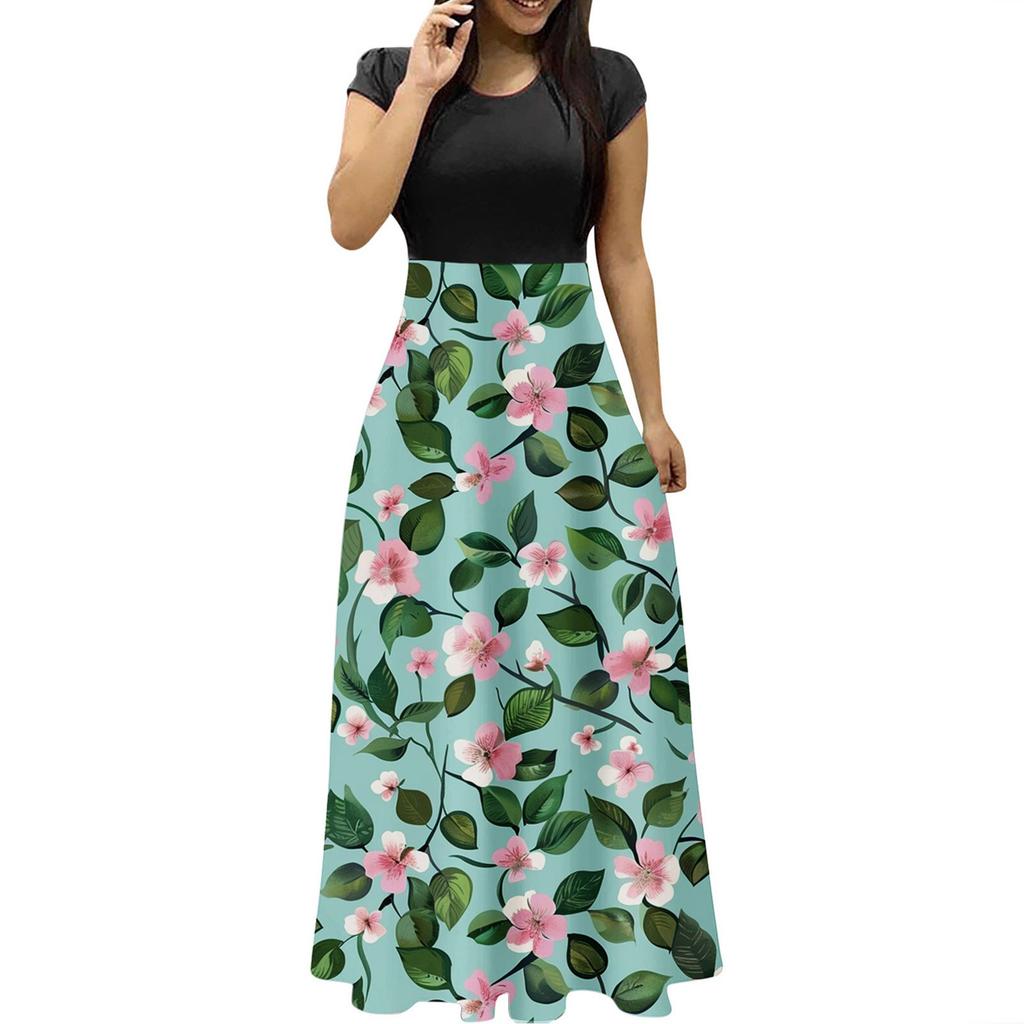 Women's Fashion Casual Loose Printed Round Neck Short Sleeve Long Dresses Short Sleeve Long Dresses