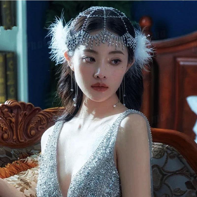 1Pcs Women Hair Accessories Vintage Hollow Mesh Tassel Cap Headpiece Bohemian Rhinestone Head Chain Hat Dance Perform Jewelry