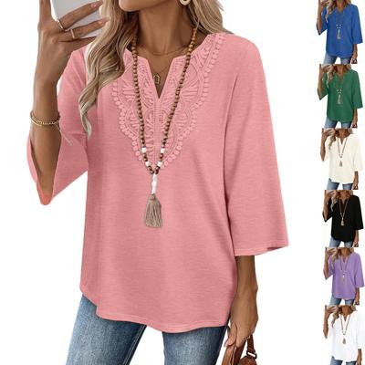 Women Spring Summer V-Neck Lace Spliced Loose Solid Color Seven Sleeve T-Shirt Top