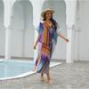Womens Loose Beach Cover Up With Colorful Block Print UV Protection Swimwear Robe One Size