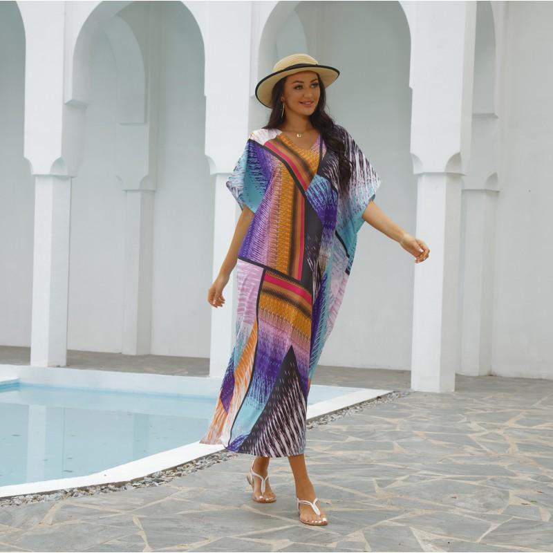 Womens Loose Beach Cover Up With Colorful Block Print UV Protection Swimwear Robe One Size
