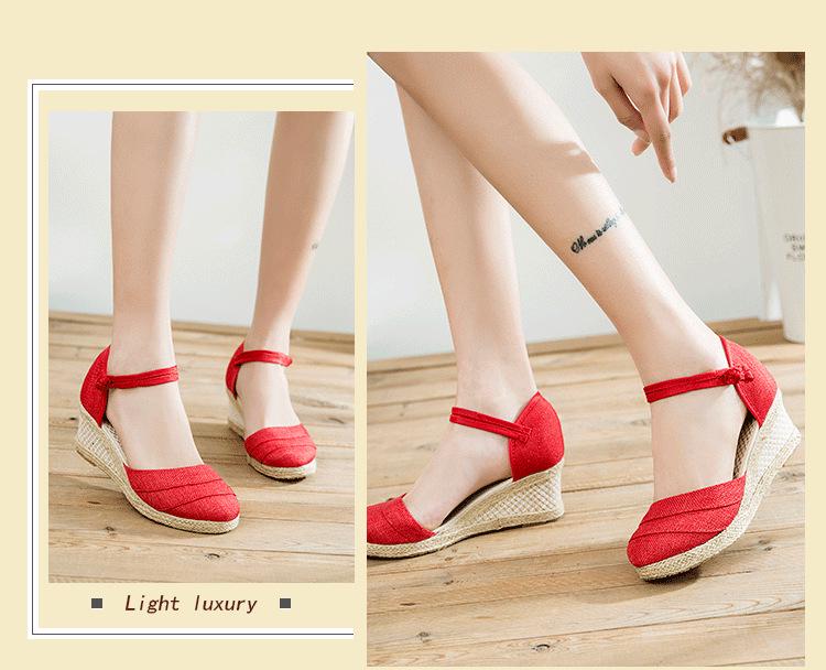 Women's Ethnic Style Summer Wedge Sandals - Breathable Linen with One-Strap Buckle and High Heel Design