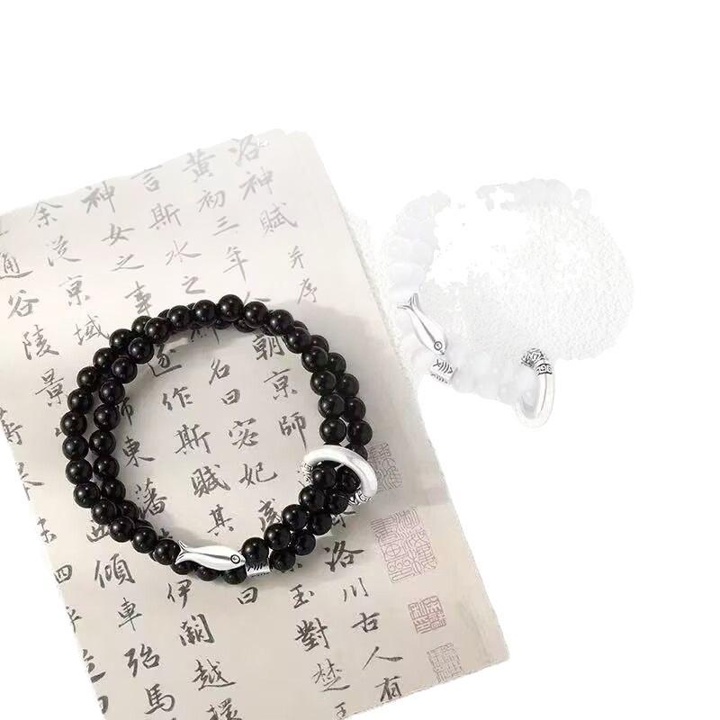 Koi Pattern Black Bead Couple Bracelet Adjustable Matching Relationship Bracelet for Lover Couple Daily Wear Anniversary Jewelry Gift