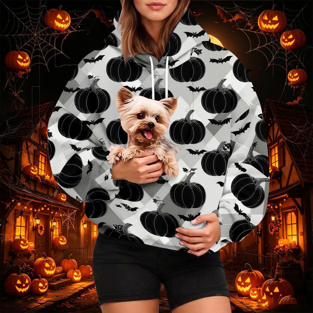 Dámská módní mikina s kapucí a potiskem na Halloween s kapsou na mazlíčka, ležérní mikina