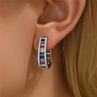 Vintage Rainbow Zircon Stone Geometric Hoop Earrings For Women Fashion Gold  Color Wedding Jewelry