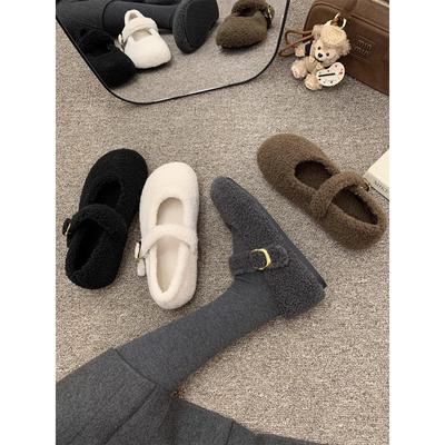 Zapatos Mao Mao tipo Mary Jane grises, usa la versión coreana de zapatos de lana sencillos en invierno, zapatos de algodón térmico de terciopelo con suela plana