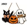 Festive Porch Hanging Plaques Halloween Wooden Welcome Door Sign, Vintage Black Cat Jack-o-lantern Ghost Holiday Atmosphere Room Decor Decoration,