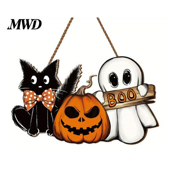 Festive Porch Hanging Plaques Halloween Wooden Welcome Door Sign, Vintage Black Cat Jack-o-lantern Ghost Holiday Atmosphere Room Decor Decoration,