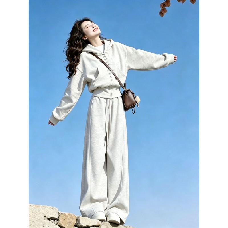 Womens Gray Casual 2-Piece Set 2026 Korean Style Hooded Cropped Sweatshirt Wide-Leg Pants