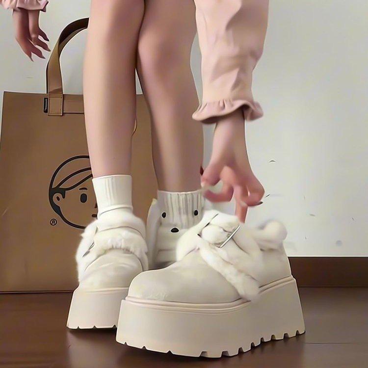 White muffin platform snow boots winter new small height increase velvet warm Birkenstock cotton shoes