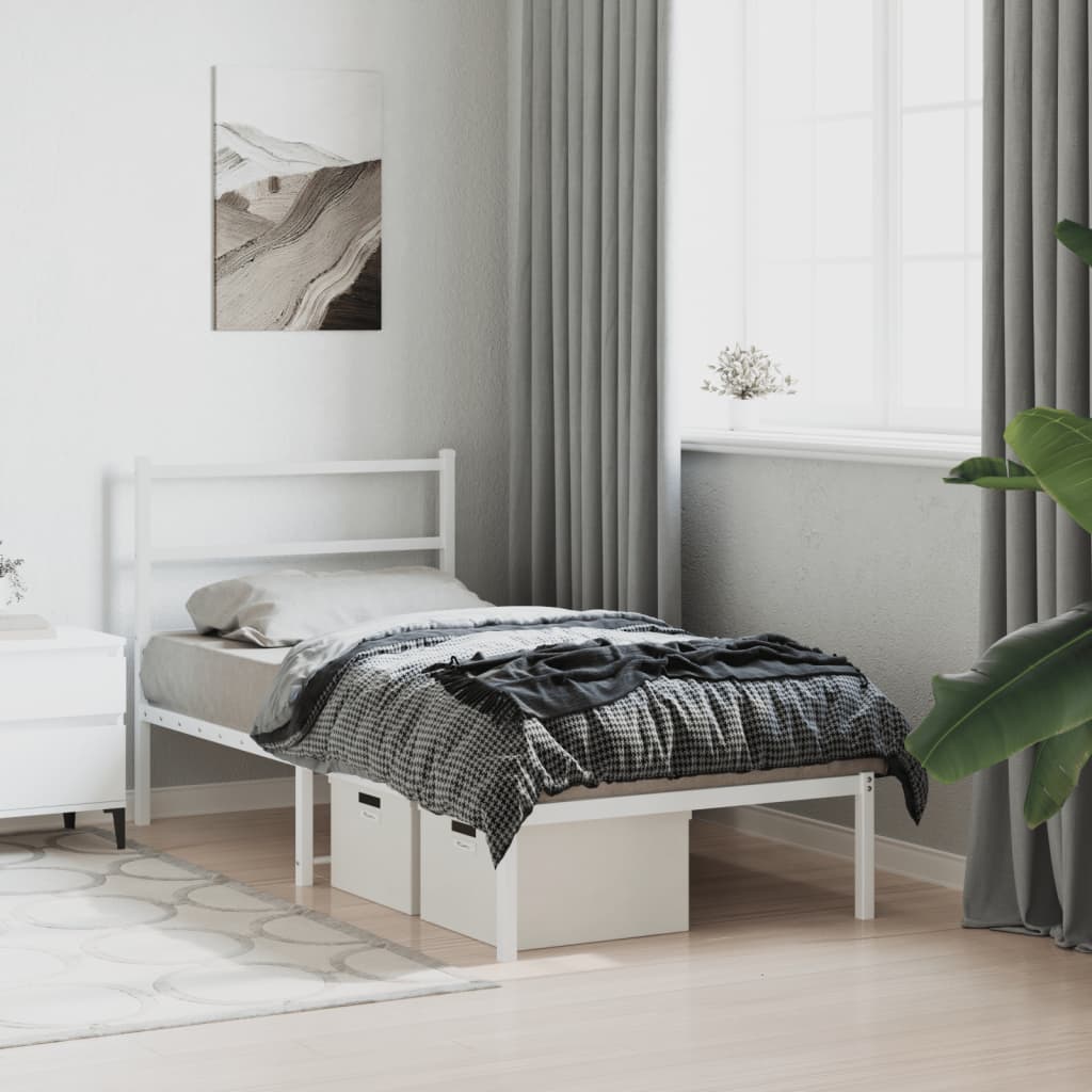 Vidaxl Metal Bed Frame with Headboard, White, 90X200 Cm