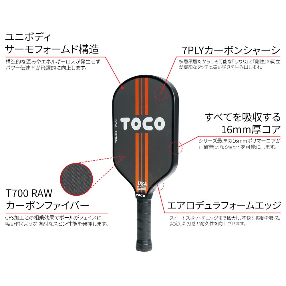 TOCO EVOL Pickleball Japanisches T700 USAPA Zugelassenes TPR-501 Schläger, Marke, Karbon,