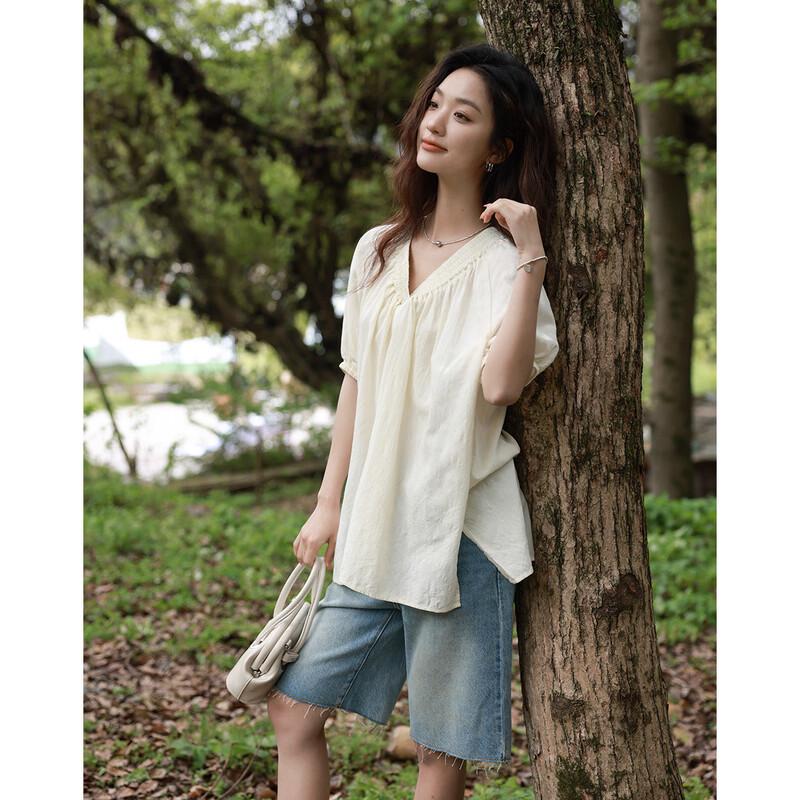 Demana Women s Gentle Jacquard V-Neck Pullover Top L