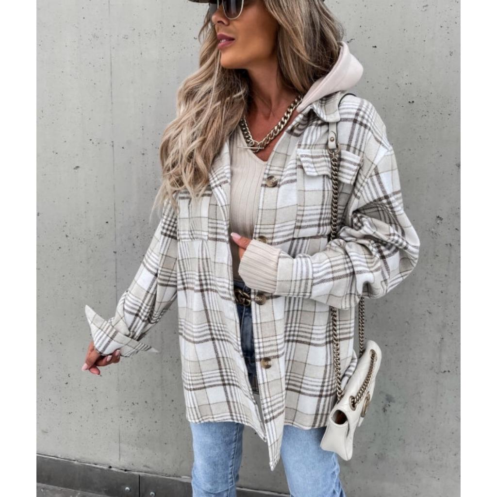 Collar, Loose Fit, Women's, Hooded Jacket, (detachable Hat) Checkered, Woolen Jacket