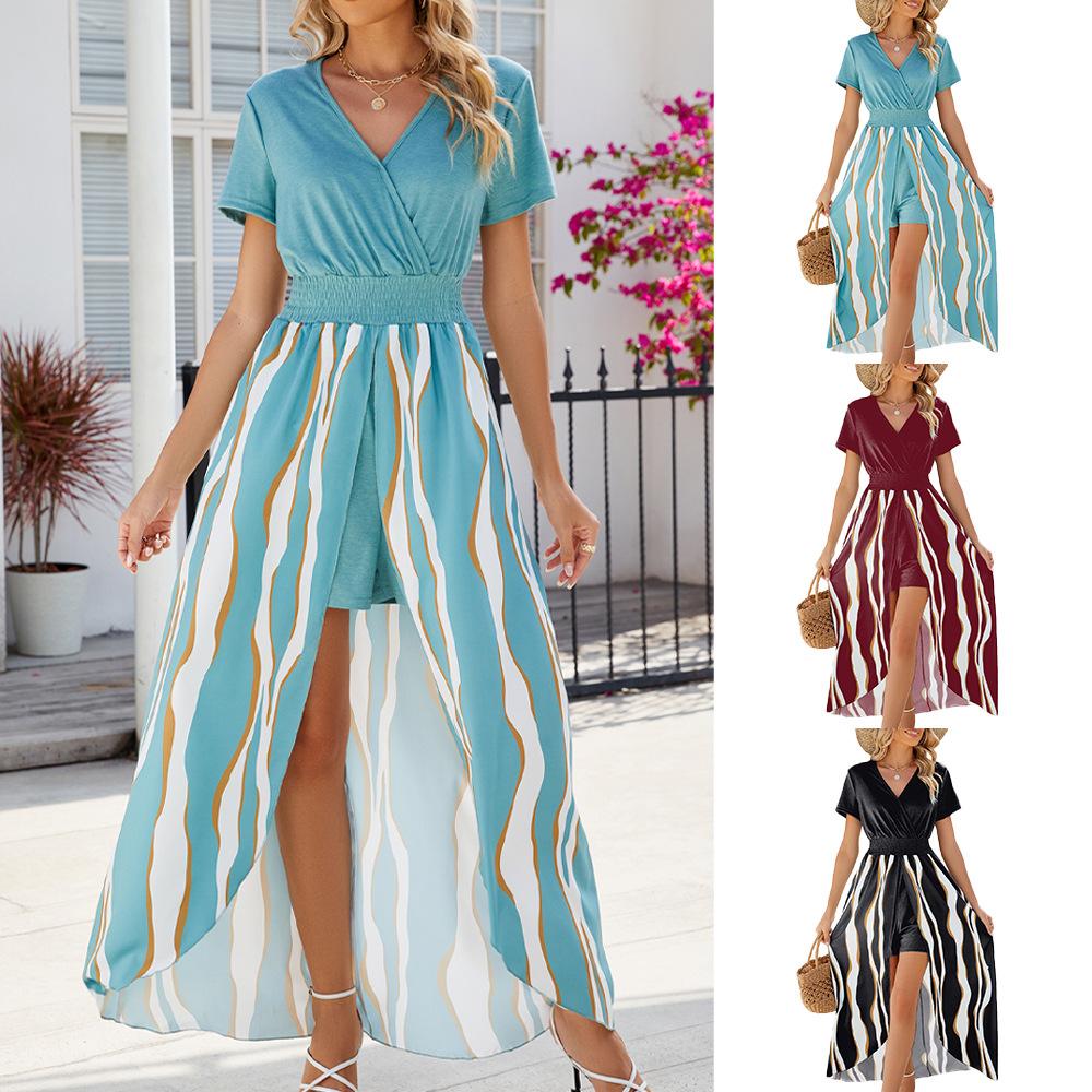 

2024 летняя модная элегантная женская одежда с v-образным вырезом и принтом, брюки с короткими рукавами, юбка, костюм, повседневные платья L