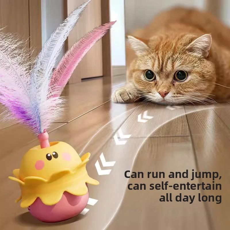 Cat Toy Rotating Puppet with Feather To Entertain Cats. Self-amusement Device for Cats. Electric Cat Toy That Can Emit Light.